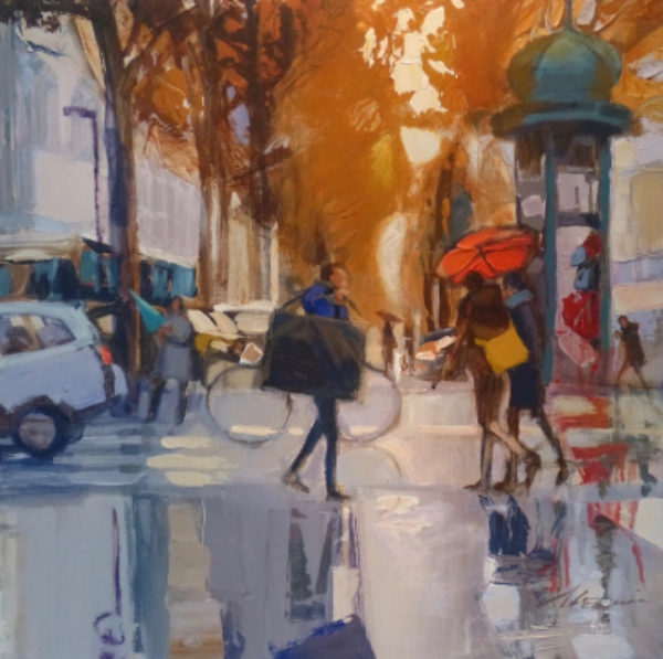 Scène de centre ville après la pluie avec des passants. En premier plan un étudiant avec un carton à dessins.