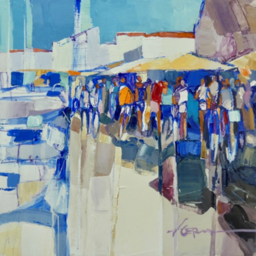 Scène d'un marché estival à St Martin en Ré à dominante bleue.