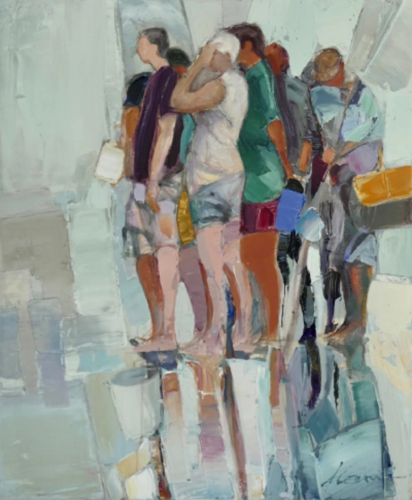 Groupe de pêcheurs à pied observant l'océan à marée basse.