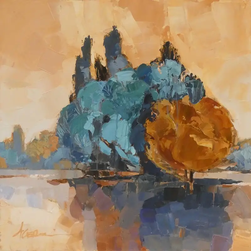 Peinture à l'acrylique de tonalités bleu et orangé représentant une prairie inondée avec un bosquet d'arbres et leurs reflets.