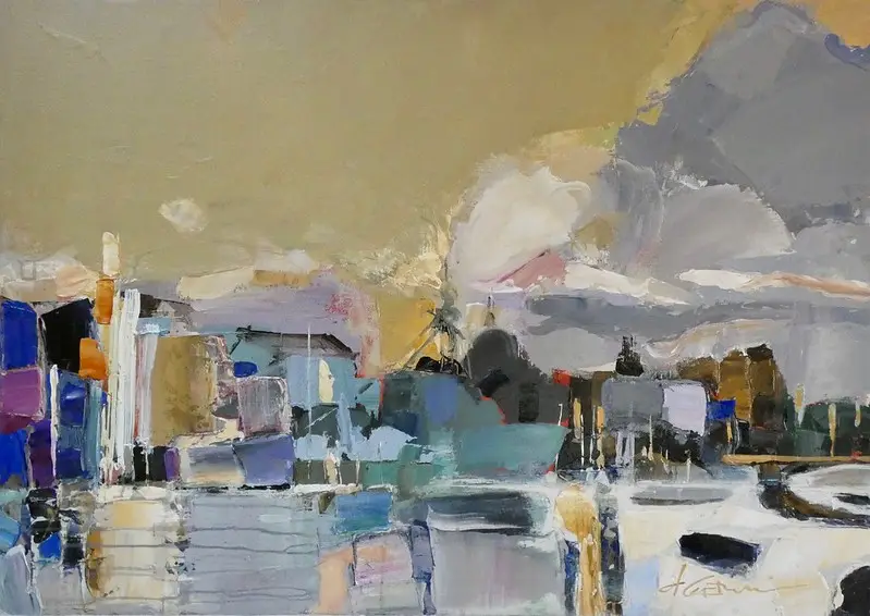 Peinture à l'acrylique aux tonalités de gris colorés représentant Le Maillé Brézé, unique navire de combat déclaré monument historique. Il est le plus important musée naval à flot de France, sur les quais du Port de Nantes