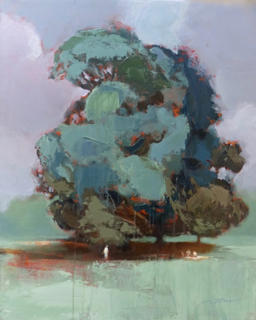 Peinture acrylique. Cette toile représente un arbre bicentenaire de couleur vert de gris. Une ombre portée au sol avec des petits personnages assis.