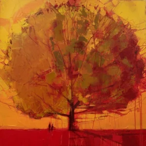 Peinture acrylique. Sur un fond couleur ocre figure un chêne géant au centre du tableau aux tonalités chaudes rouge/orangé. Sur le sol rouge, 2 petits personnages accentuent cette arbre gigantesque.