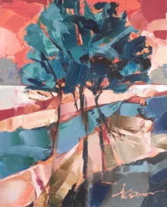 Peinture à l'acrylique de tonalités bleu et orangé représentant des arbres bleus sur un sol marécageux.