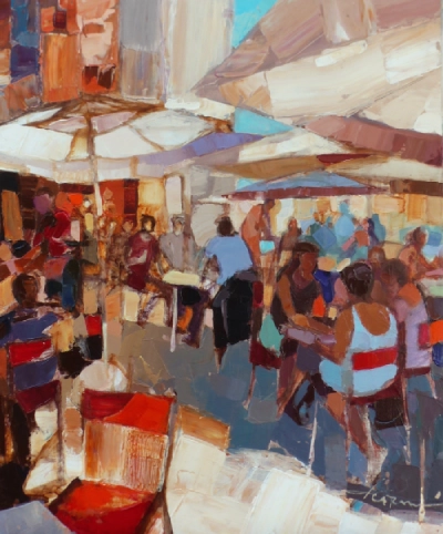 Peinture à l'acrylique de couleurs estivales représentant des terrasses ensoleillées à Nantes. De jolies parasols apportent de l'ombre aux nombreux clients.