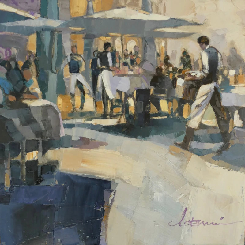Peinture à l'acrylique d'une terrasse d'un café brasserie en été. Des serveurs en petits gilets noirs et tabliers blancs s'affairent car il y a beaucoup de clients.
