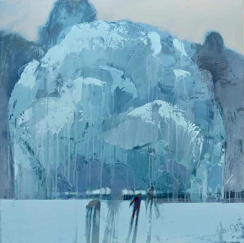 Peinture acrylique bleu glacé d'un arbre gelé.