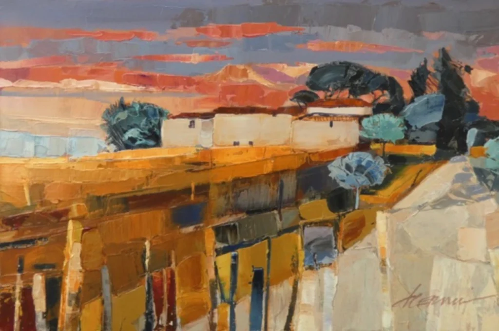 Peinture acrylique dans les tons chauds. Paysage d'un vignoble en automne, au soleil levant avec un domaine.