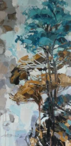 Peinture acrylique représentant un pin bleu et deux pins ocres.
