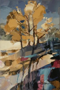 Peinture acrylique représentant 3 arbres en automne de couleur ocre jaune. Ils se reflètent dans les marais aux tonalités bordeaux, noir, bleu.