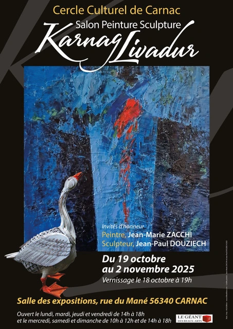Affiche sur fond noir pour l'exposition à St Brieuc du 13 au 28 janvier 2024 à laquelle Daniel Germain participe en tant que peintre au côté d'un autre peintre et d'un sculpteur.