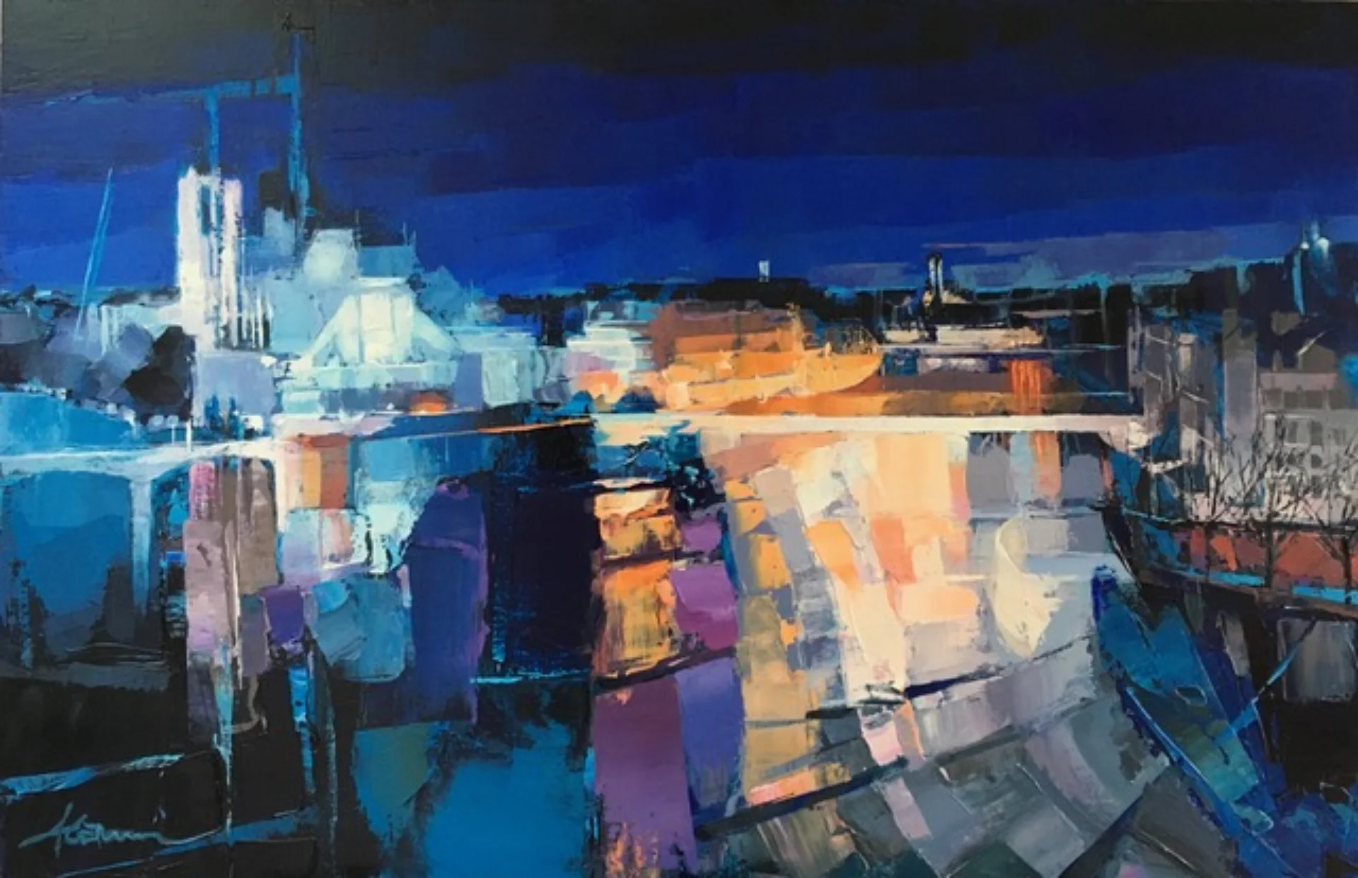 Niché dans un coin de verdure bordé par l'océan Atlantique un petit port authentique face à l'estuaire de l'Aven et du Bélon. Peinture acrylique aux tonalités automnales.